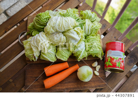 Cabbage rolls stuffed with meat and grits prepared for cooking. 44307891