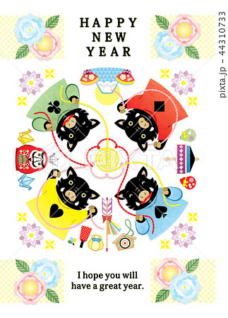 ２０１９年亥年完成年賀状テンプレート「華やかいのししカルテット」HAPPY NEW YEAR 44310733