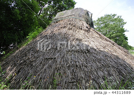 縄文時代 左横からの竪穴住居の写真素材
