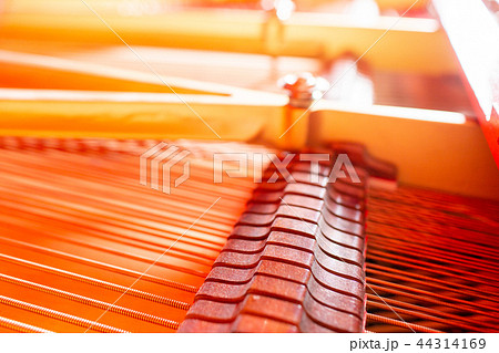 Grand piano strings, steel wire core wound with copper wire. Musical instrument abstract 44314169