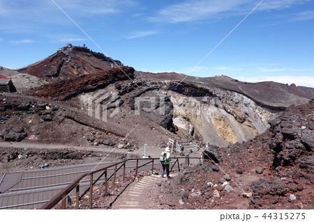 富士山御殿場口頂上の銀明水の鳥居と下山道入口の石柱 44315275