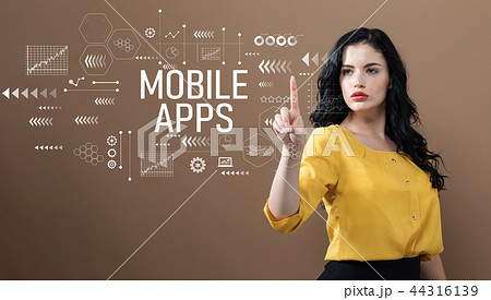Mobile apps text with business woman Mobile apps text with business woman 44316139