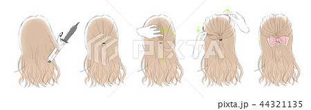 くるりんぱ ハーフアップ ヘアアレンジ ハウツーのイラスト素材