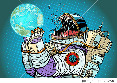 Astronaut monster earth planet. Greed and hunger of mankind conc 44323256
