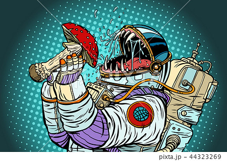 Astronaut monster eats Fly agaric. Greed and hunger of mankind c 44323269