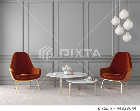 Modern classic interior with armchairs, lamp, table, wall panels and wooden floor. Modern classic interior with armchairs, lamp, table, wall panels and wooden floor. 44323644