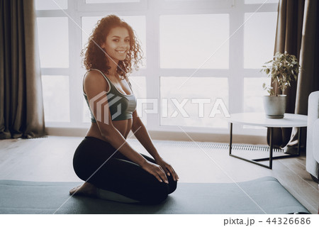Afro American Young Girl. Home Fitness Concept. 44326686