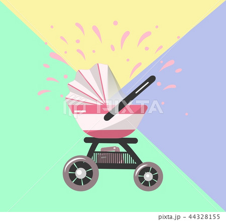 Illustration of Pink Baby stroller for baby girl with bag. Vector icon. 44328155