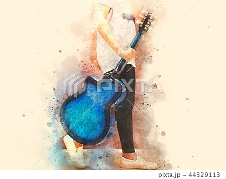 Guitar In The Foreground On Watercolor Paintingのイラスト素材