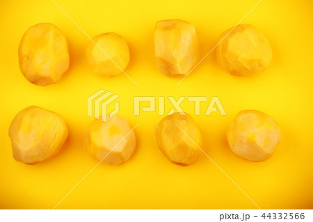 eight cleaned potato studio yellow background eight cleaned potato studio yellow background 44332566