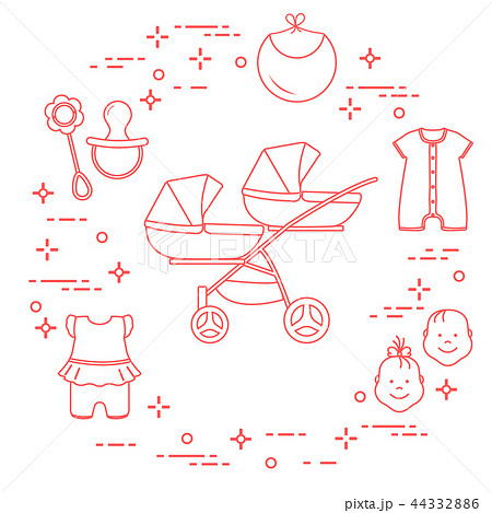 Stroller, twins, rattle, pacifier, bib, overalls Stroller, twins, rattle, pacifier, bib, overalls 44332886