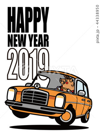 2019年年賀状　亥とレトロな自動車　 44338950