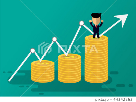 cartoon businessman stand on gold money 44342262