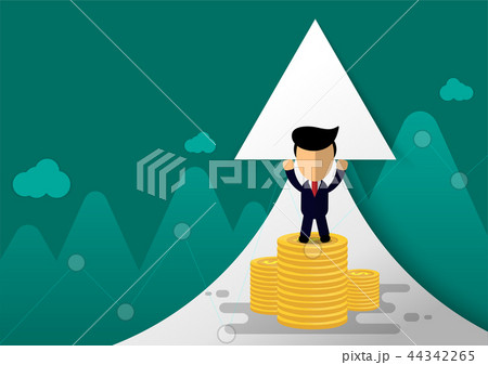 cartoon businessman stand on gold money cartoon businessman stand on gold money 44342265