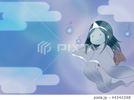 幽霊 人魂 イラスト ポスター かわいい 水彩 水彩風 雲 背景 背景素材 夏 秋 青 彼岸のイラスト素材