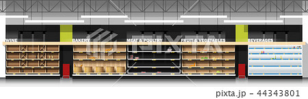 Interior scene of supermarket with empty shelves Interior scene of supermarket with empty shelves 44343801