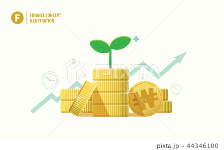 coin piles won currency and plant sapling on top 44346100