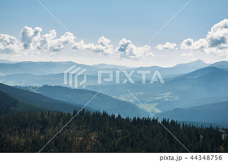 Panorama view of green hills of Carpathian mountains Panorama view of green hills of Carpathian mountains 44348756
