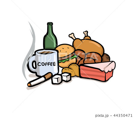 Bad habits. Caffeine, sugar, smoking, and junk food. Flat vector illustration. Isolated on white 44350471