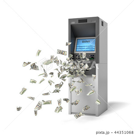 3d rendering of a bank ATM machine with green banknotes flying out of it. 3d rendering of a bank ATM machine with green banknotes flying out of it. 44351068