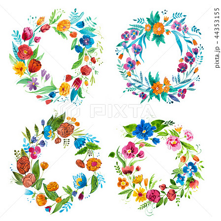Aquarelle drawing of bright rustic coronet of garden flowers hand-drawn 44353155