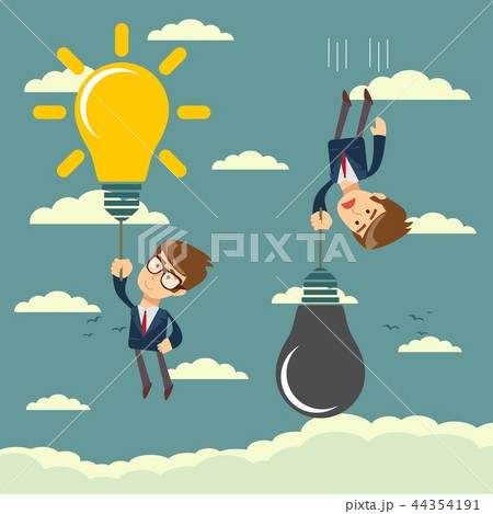 Happy businessman holding idea bulbs as balloon flying pass another businessman. 44354191