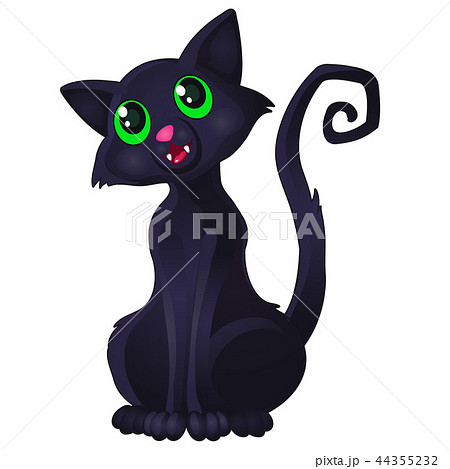 Funny sly black cat with green eyes and curved spiral tail shows tooth isolated on white background 44355232