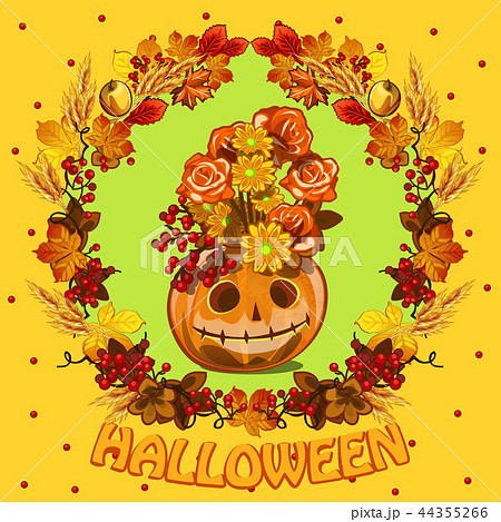 Poster on theme of Halloween holiday party. Cute greeting card on theme of golden autumn. Ornate 44355266