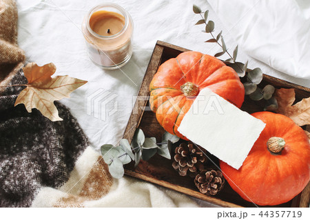 Autumn cozy composition. Blank card mockup scene. Candle, eucalyptus leaves and pumpkins on wooden 44357719