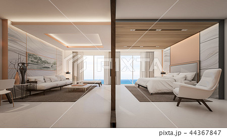 Luxury suite room with view of sea , 3d rendering 44367847