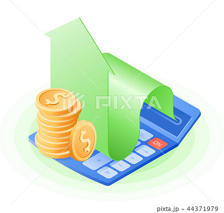The calculator, arrow graph, stack of coin dollars 44371979
