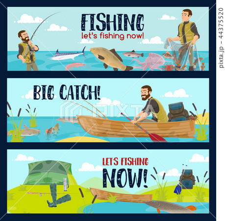 Fisherman with rods, tackles and fish catch 44375520