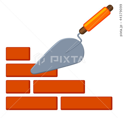 Colorful cartoon trowel on brick wall Colorful cartoon trowel on brick wall 44379099