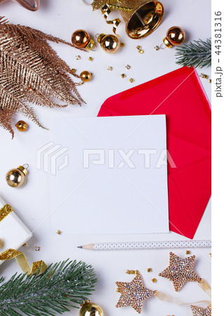 Christmas flat lay scene with golden decorations 44381316