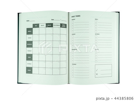 Opened notebook with personal organizer or planner Opened notebook with personal organizer or planner 44385806