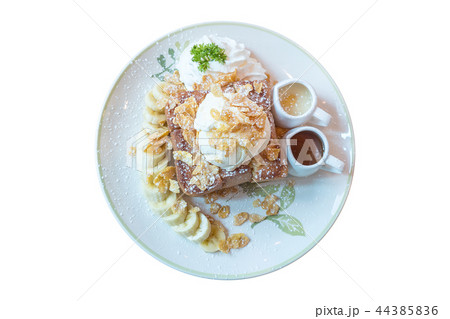 Top view of vanilla ice cream honey toasted bread 44385836