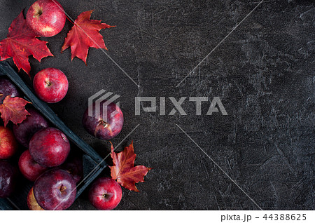 Black background with autumn red apples and leaves 44388625