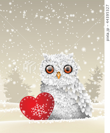 Holiday winter theme, white owl sitting in snow Holiday winter theme, white owl sitting in snow 44395327