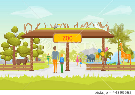 Cartoon Zoo Entrance Panorama Background Card. Vector 44399662