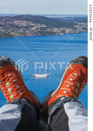 Ship with hiking boots in fjord, Bergen, Norway 44401024