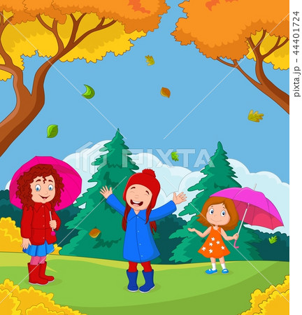 Cartoon happy kid playing with autumn background 44401724