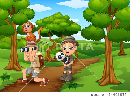 Zookeeper boy and girl with animals in the jungle Zookeeper boy and girl with animals in the jungle 44401855