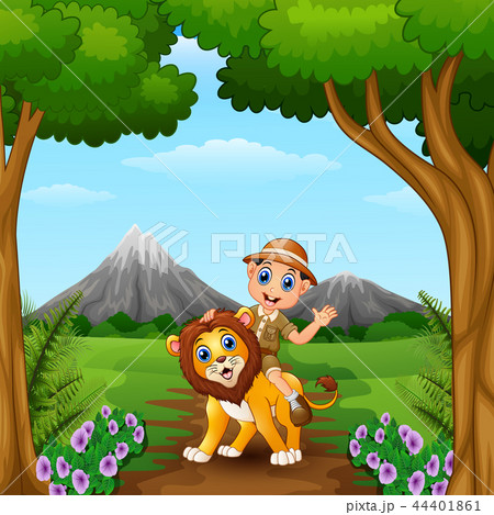 Vector illustration of Zookeeper boy and a lion in Vector illustration of Zookeeper boy and a lion in 44401861