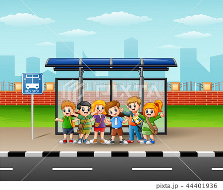 Happy Children In A Bus Stopのイラスト素材