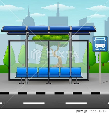 Vector Illustration Of Bus Stop With Trees On Cityのイラスト素材