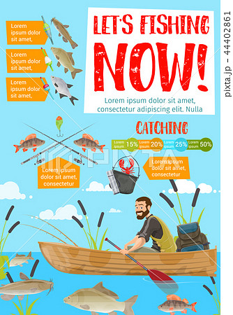 Fisherman in boat catching fish. Rods and tackles Fisherman in boat catching fish. Rods and tackles 44402861