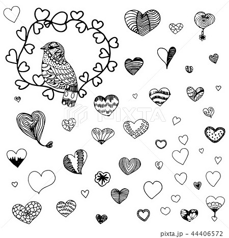 Heart shape pattern and zentangle of birdのイラスト素材