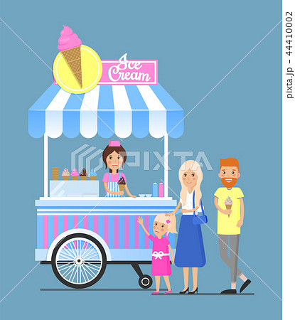 Street Ice Cream Cart With Vendor And Customersのイラスト素材