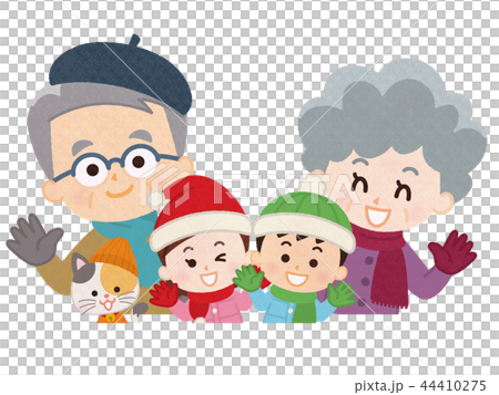 祖父母と孫とペットの猫　冬服 44410275