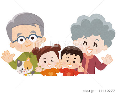祖父母と孫とペットの猫 秋服のイラスト素材